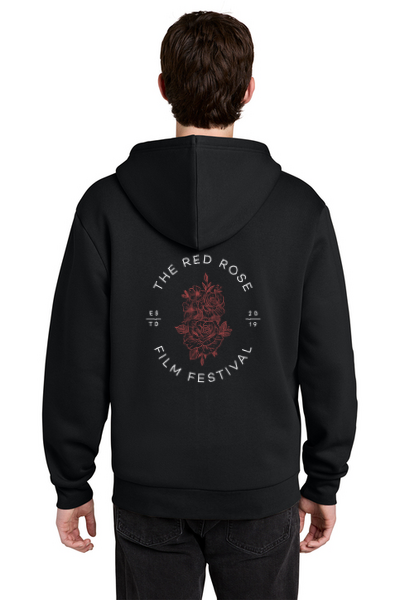 Red Rose Film Festival black hoodie with rose artwork on back